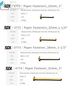 Katalog brosur gambar alat tulis Paper Fastener model SDI 0773 File Fastener 1.5 inch Paku belah Pengikat File Binding